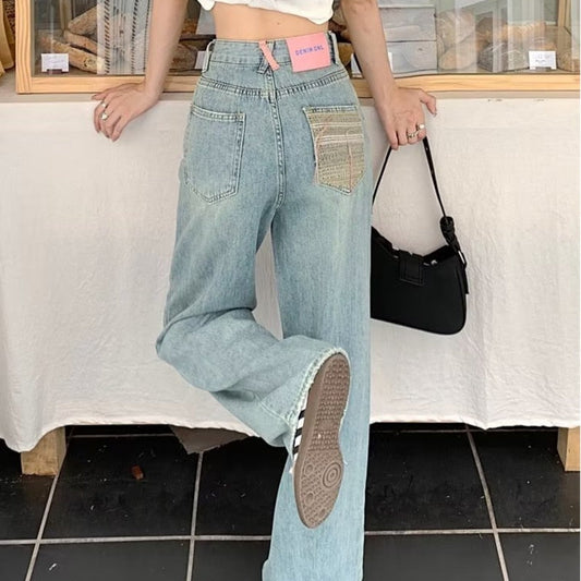 swvws Baby Blue Loose Straight Jeans Women's High Waist Thin Summer Thin Design Tassel Versatile Wide Leg Pants Trend