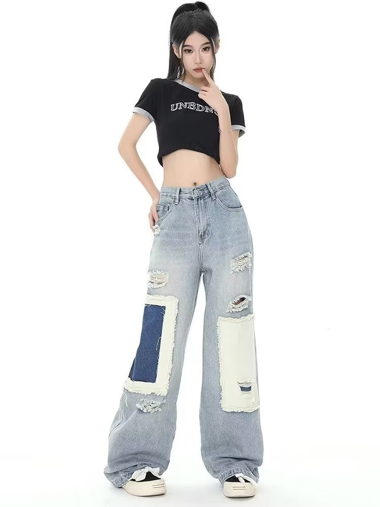 swvws Design Sense Contrast Color Broken Hole Patch Women's Jeans Women's Summer Crowd High Waist Loose Straight Leg Long Pants