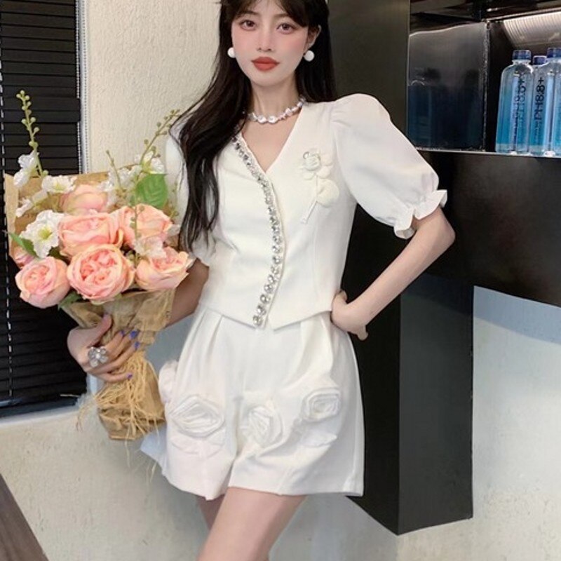 swvws Summer High Quality Elegant 3D Flower Appliques 2 Piece Sets Women Diamond Short Sleeve Tops + Wide Leg Shorts Sets