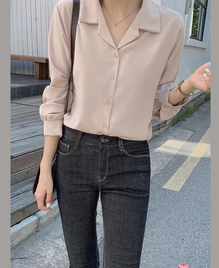 swvws  White Shirts Long Sleeve Single Breasted Button Elegant Office Lady V Neck Work Blouse Women Chic Korea Top