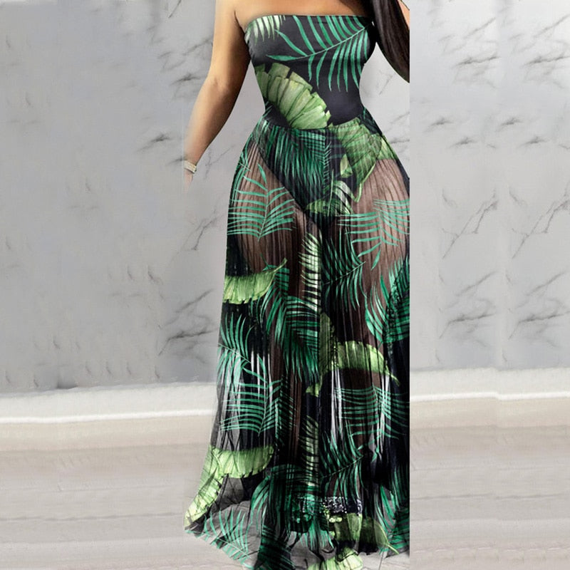 swvws Fashion Women Mesh Maxi Dress Robes Beachwear Off Shoulder Leaf Print Tube See-Through Pleated Long Party Club Dress