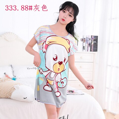 swvws Summer Cartoon Nightdress Ladies Milk Silk Double-Sided Printing Cute Nightdress Women's Nightgown Sleepwear Night Wear