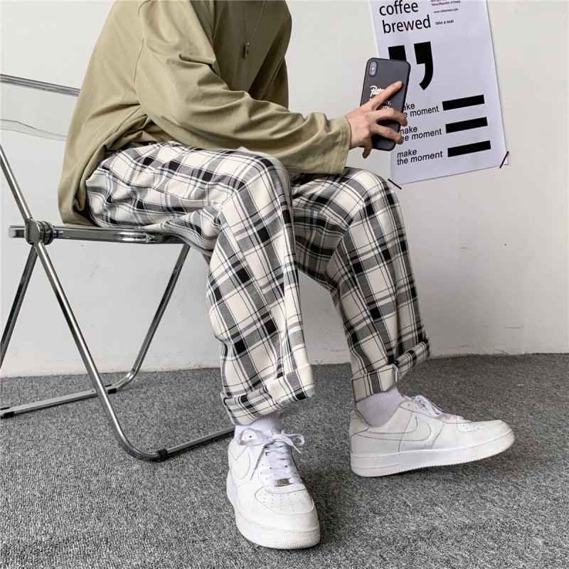 swvws Back To School  Plaid Pants Men Linens Korean Checked Trousers Male Streetwear Fashion Bottoms Summer Wide Leg Pants Harajuku Breathable