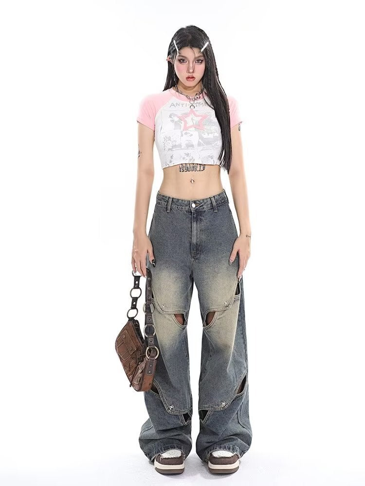 swvws Small crowd deconstruction design sense jeans, high street wide leg pants, high-end floor long pants, trendy brand women's jeans