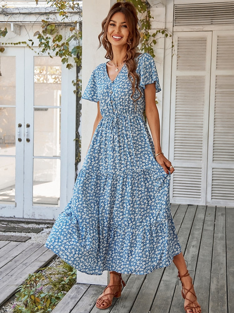 Spring Summer Print Long Dress Women Casual Butterfly Slleve V Neck Button Flroal Dresses For Female Leisure Split Sundress