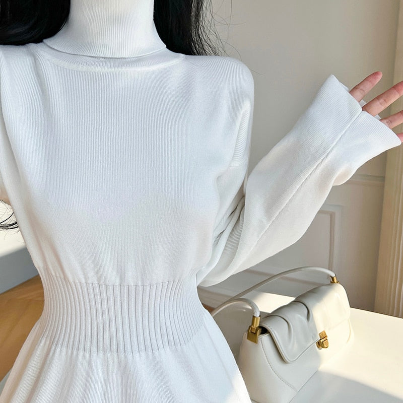 swvws Korean White Fashions High Neck Knitted Warm Sweater Dress Autumn Winter Female Black Classy Retro Slim Waist Long Dress Simple