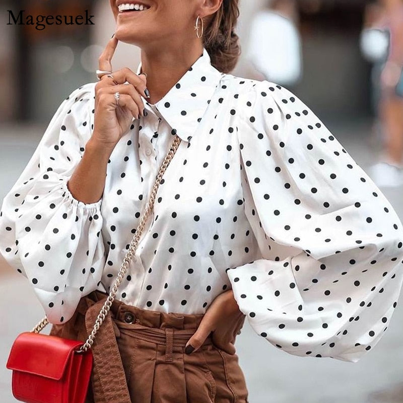 swvws New Office Lady White Blouse Shirt Women Polka Dot Lantern Sleeve Women Blouses Tops Oversized Loose Female Shirt Blusas