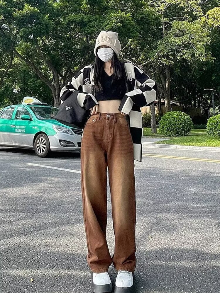 swvws European And American Retro Brown Jeans Women's Spring And Autumn High-waisted Straight-leg Loose And Thin Wide-leg Pants