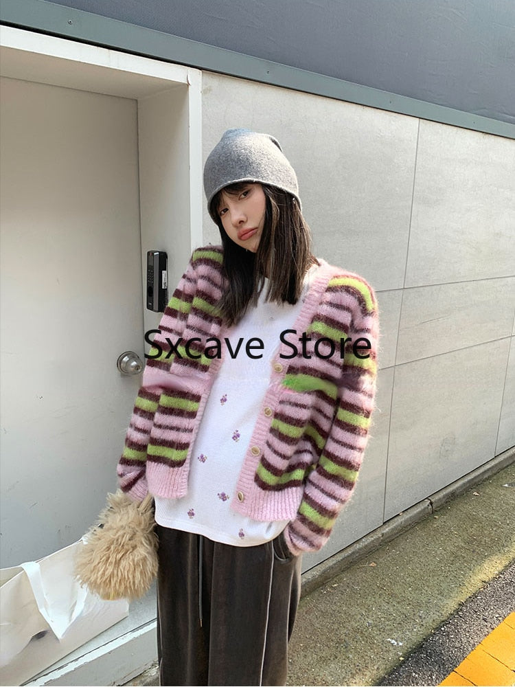 swvws  Autumn Faux Fure Knitted Cardigan Women Casual Long Sleeve Button Kawaii Clothing Striped Sweater Female Korean Style Tops