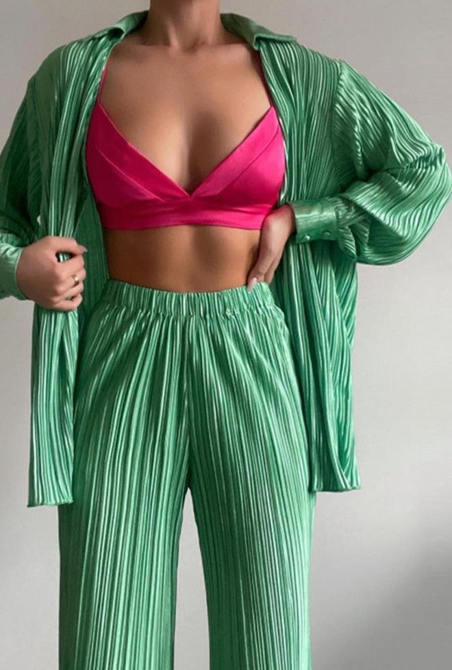 swvws Back To School Casual Loose Home Suit Long Sleeve V Neck Blouse And High Waist Pants Set Women Elegant Pleated Two Piece Pant Sets