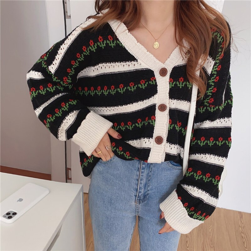 swvws Autumn Printed Cardigans Women Casual Hollow Out Floral Knitted Sweater Vintage Loose Long Sleeve Cardigan Tops Female Knitwear