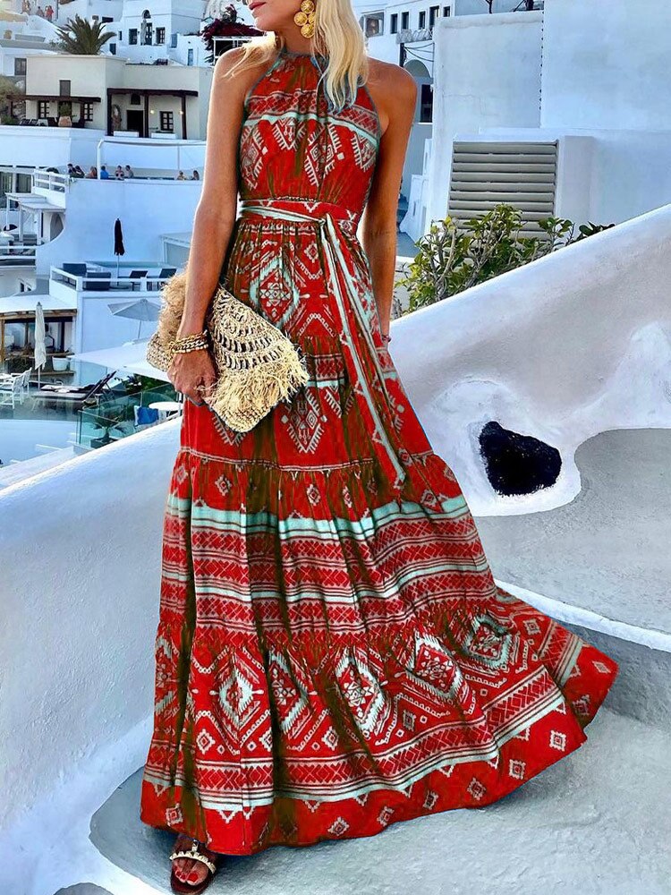 swvws Summer Boho Beach Maxi Dress Floral Print Long Dress Women Sleeveless Halter Straps Casual Holiday Sundress Vestido De Mujer