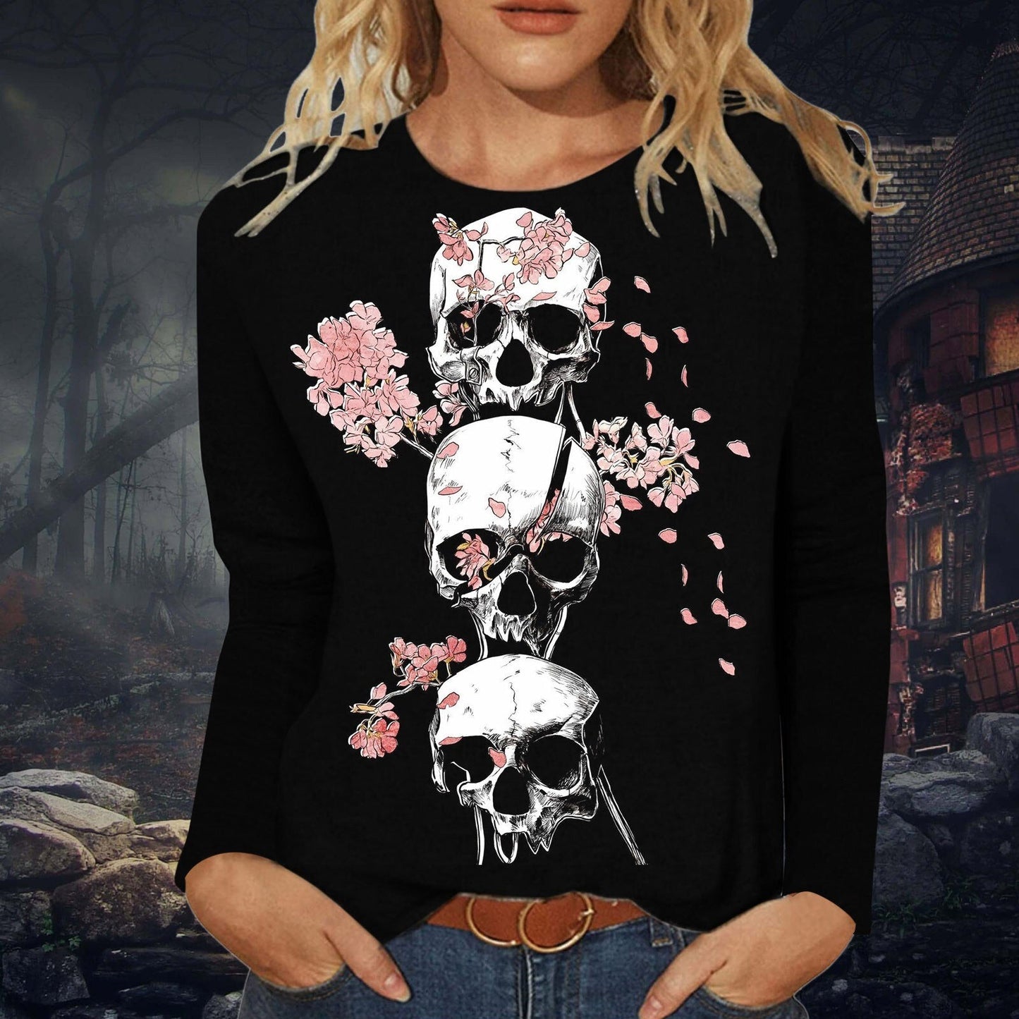 swvws Halloween Hoodies Women Hoodies Skeleton Rose Graphic Oversized Sweatshirt Gothic Fashion Halloween Skull Hoodie Top Streetwear Harajuku Clothes