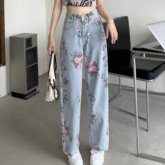 swvws  Spring Fashion Women Rose Print Jeans Women Design Loose High Waist Straight Wide Leg Pants