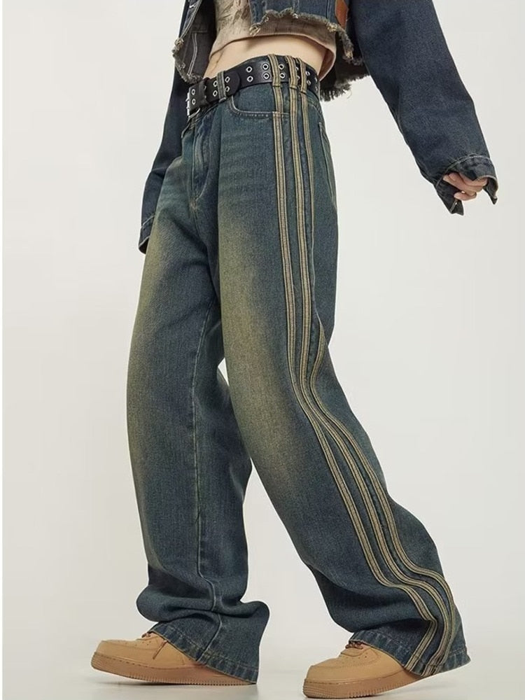 swvws Vintage Washed Old High Street Side Striped Jeans Women's Loose Wide Leg Slim Pants Women's Jeans