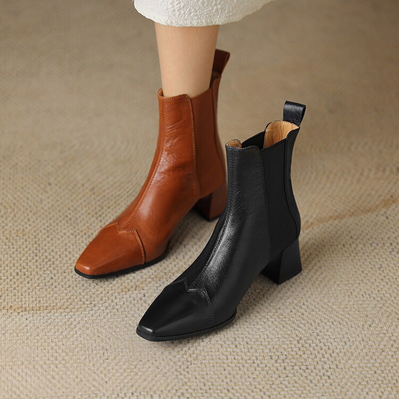 swvws  Autumn Shoes   Autumn Women Boots Square Toe Chunky Heel Short Boots Women Genuine Leather Shoes for Women Slip-on Boots Pleated Ladies Shoes