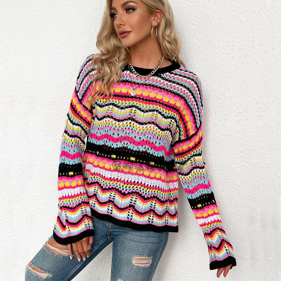 swvws Autumn Contrast Pullover Women Casual Hollow Out Knitted Sweater  Long Sleeve Stripe Knitwear Female Loose Vintage O Neck Jumper