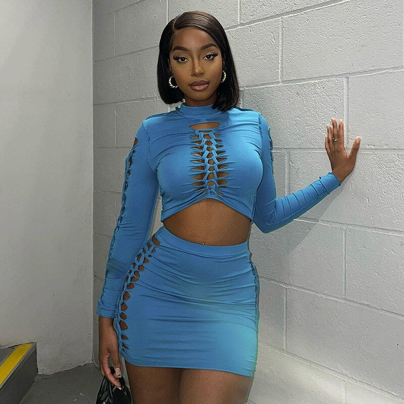 swvws Hollow Skinny 2 Piece Set Women Fall Trend Long Sleeve Solid Chic Crop Top+Mini Skirts Matching Streetwear Outfits