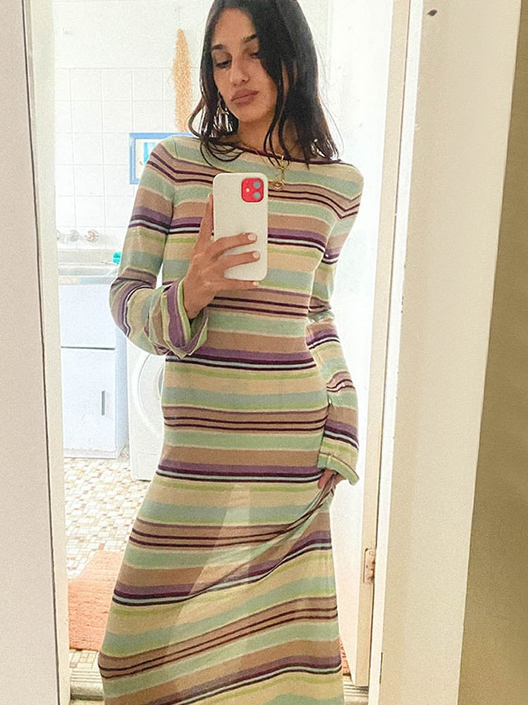 swvws Knit Stripe Long Dress Women Casual Long Sleeve O-Neck Dresses Female Dresses  Autumn Slim Fashion Ladies Vestidos