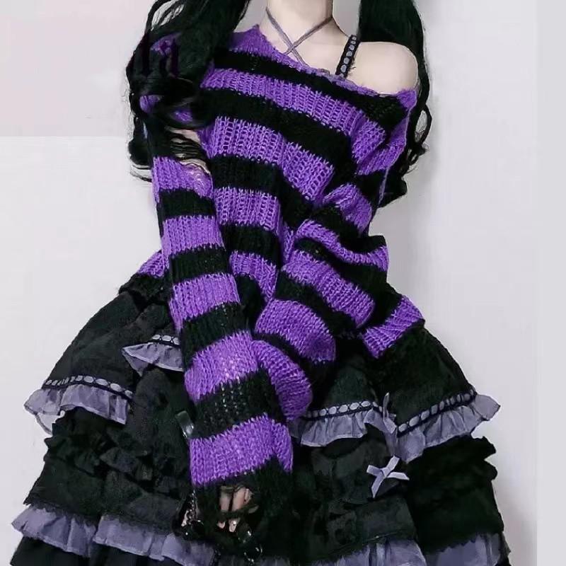 swvws Pink Striped Gothic Sweaters Women Ripped Holes Loose Knitted Pullover Frayed Fairy Grunge Jumpers Emo Streetwear Lolita