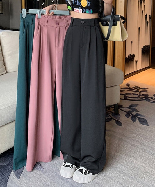 swvws  Summer Elastic Waist Suit Pants Women Office Lady Fashion Casual Pants Straight Slim Loose Trousers Woman Pink Black