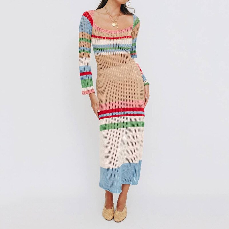 swvws Y2K Off The Shoulder Women Dress  Summer Knit Colored Striped Long Sleeve Female Dresses Elegant Sexy Beach Lady Maxi Robe