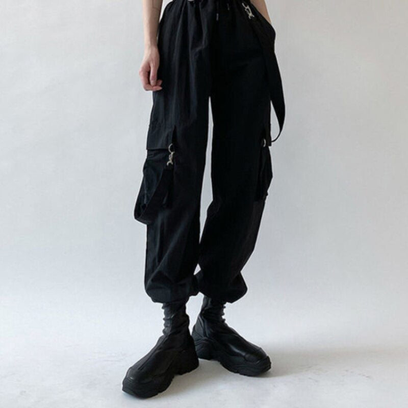 swvws Goth Cargo Pants Women Punk Capris Pants Harajuku High Waist Pants Oversize Detachable Strap Casual Trousers Emo Techwear