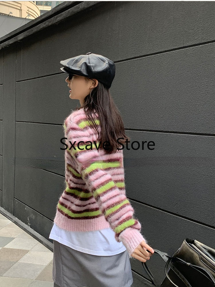 swvws  Autumn Faux Fure Knitted Cardigan Women Casual Long Sleeve Button Kawaii Clothing Striped Sweater Female Korean Style Tops