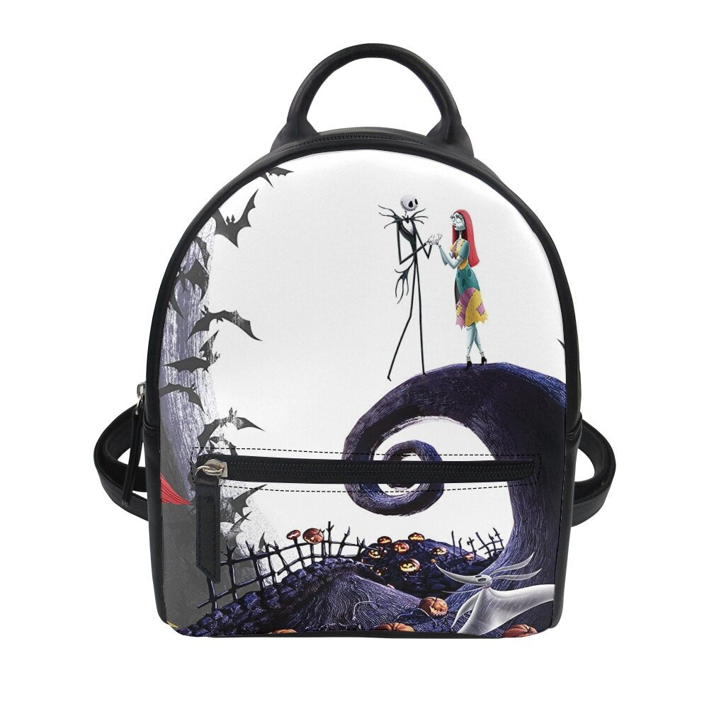 swvws  Nightmare Before Christmas Print Women's Backpack Trend PU Leather Women's Waterproof  Daily Backbags