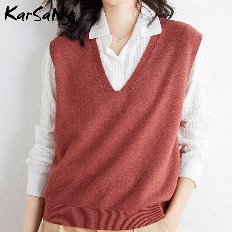 Back To School Insulated Vest For Women Solid Slim Green Sweater Sleeveless Knitted Vest Female V Neck Classic Tops Women's Fashion Vests