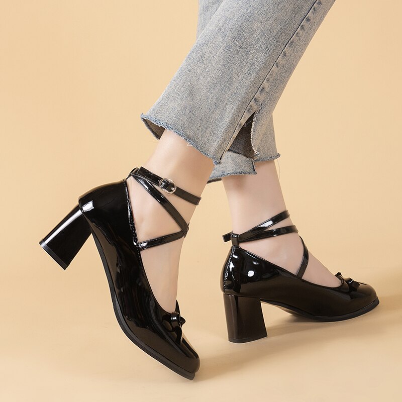 swvws Black Retro Cross-Tie Pumps Casual  Summer Marry Janes Round Toe Shoes Ladies Lolita Sweet Fashion Shoes Woman Bow Design