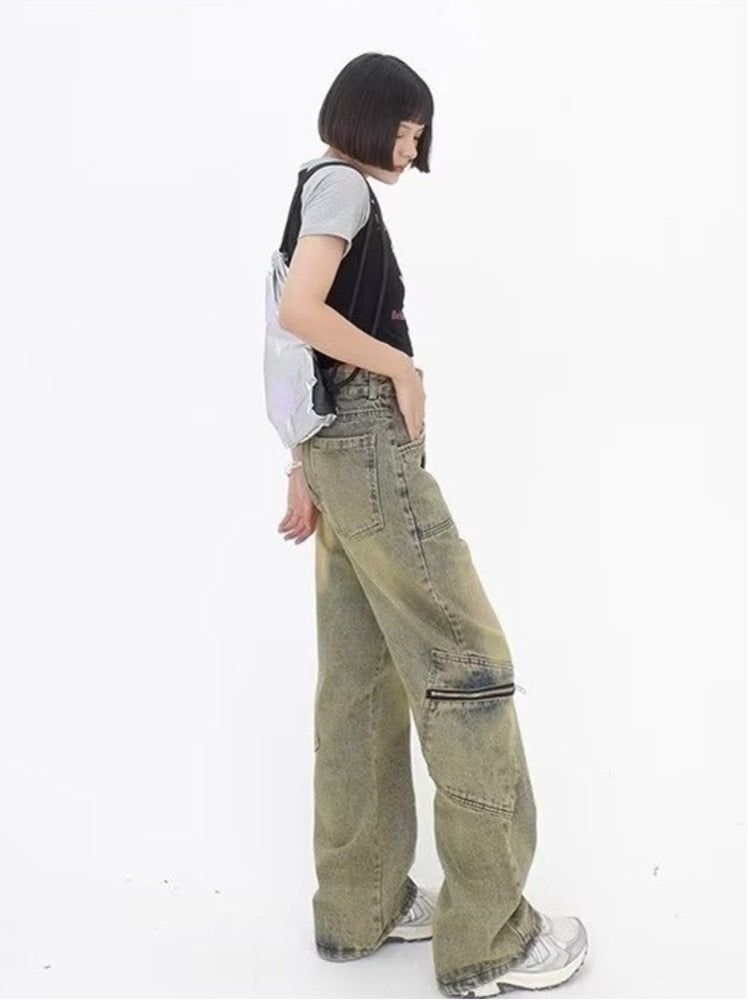 swvws Vintage Street Deconstructed Design Sense Jeans Yellow Mud Dyed Old Vintage Straight Tube Loose Wide Leg Pants Women's Jeans