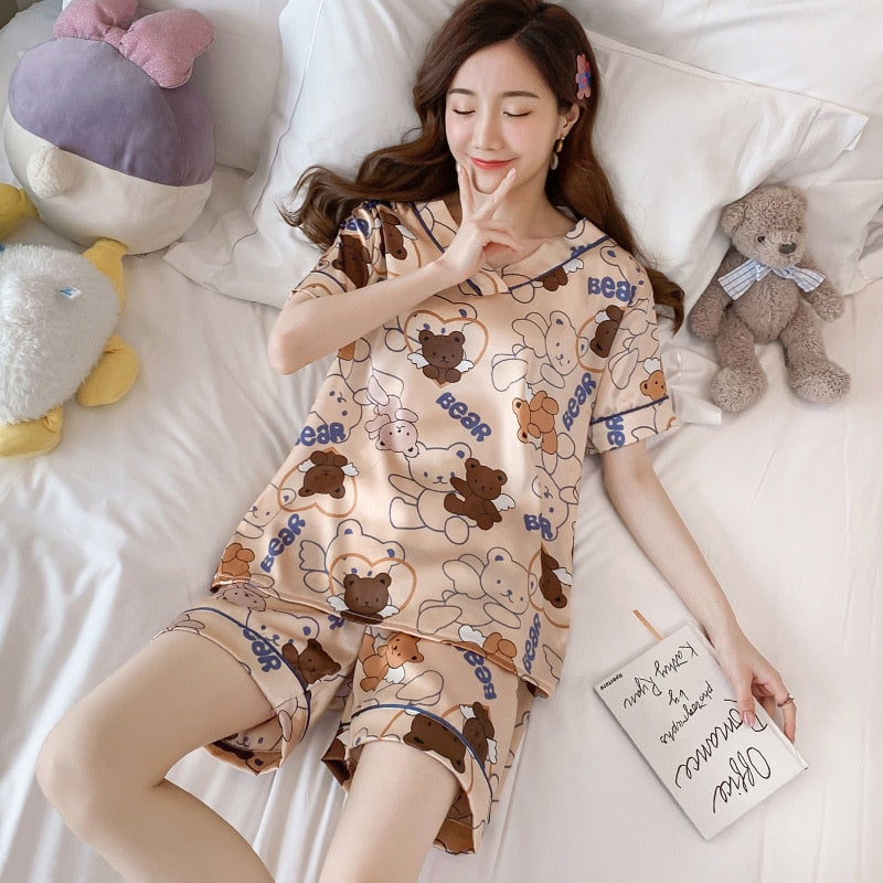 swvws Women's Summer Thin Ice Silk Pajamas Short-Sleeved Korean Version Cute Silk Student Cartoon Home Clothes Two-Piece Suit