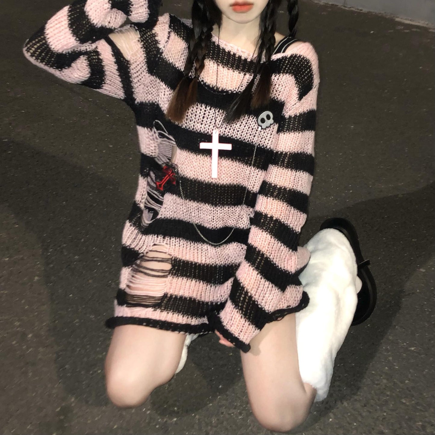 swvws Pink Striped Gothic Sweaters Women Ripped Holes Loose Knitted Pullover Frayed Fairy Grunge Jumpers Emo Streetwear Lolita