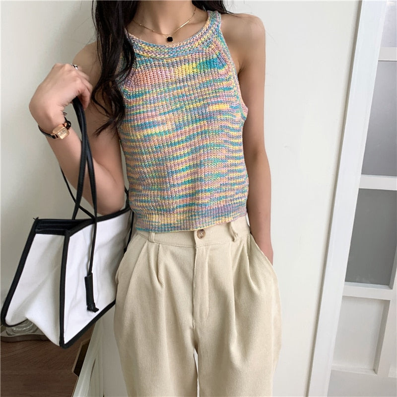 swvws Colorful Striped Summer Tanks Tops Women Korean Rainbow Sleeveless Shirts Top O-Neck Slim Knitted Top Slim Sexy Streetwear