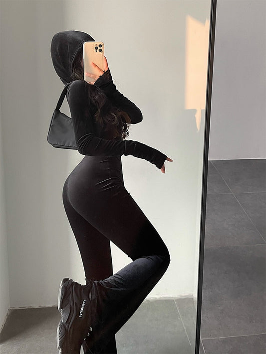 swvws Fashion Black Velvet Slim Hooded Zipper Long Sleeve Flare Pants Jumpsuit Rompers Korean Sexy Hot Tops