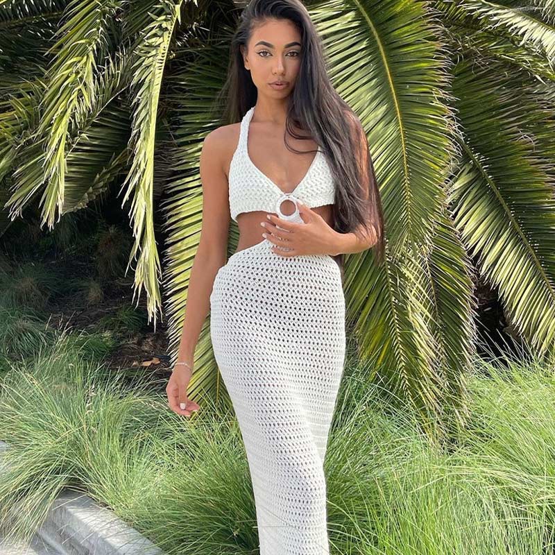 swvws Maxi Dress Women Cut Out Sexy Beach Halter Backless Summer Long Dresses Female  Party Elegant Knit Bodycon Vestidos