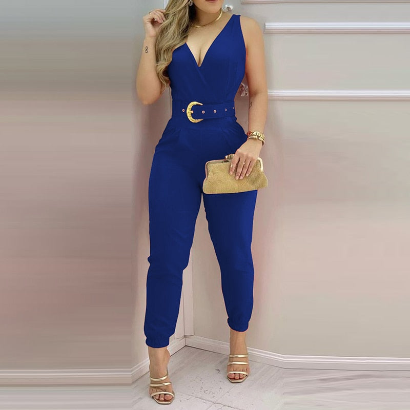 Back to School Women Fashion Elegant Sleeveless Partywear Jumpsuits Formal Office Lady Workwear Casual V Neck Belted Jumpsuit