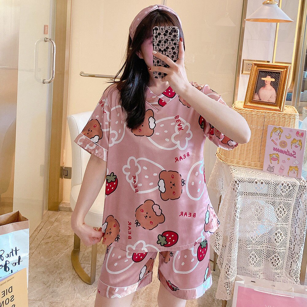 swvws Women's Summer Short-Sleeved Ice Silk Pajamas Loose And Comfortable Homewear Pajama Set Women Sleepwear