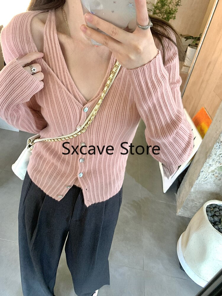 swvws  Autumn V-Neck Knitted Cardigan Women Pure Color Casual Long Sleeve Slim Sweater Office Lady Y2k Crop Tops Female Korean