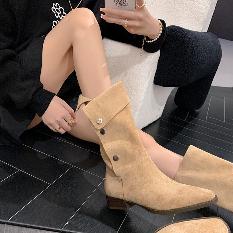 swvws  fashion inspo    NEW Autumn Women's Boots Faux Suede Shoes for Women Square Toe Chunky Heel Black Boots Retro Long Boots Women Knee High Boots