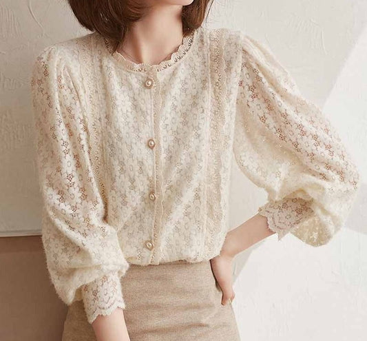 swvws Elegant Lace Crochet Women's Blouse Sweet Autumn Vintage Flowers Button Shirt O Neck Casual Loose Long Sleeve Blouses Tops 16619