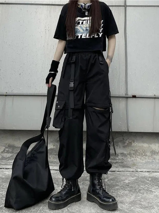 swvws Techwear Gothic Detachable Cargo Pants Women Emo Harajuku Oversize Pockets Hollow Out Joggers Trousers Female Hippie Punk