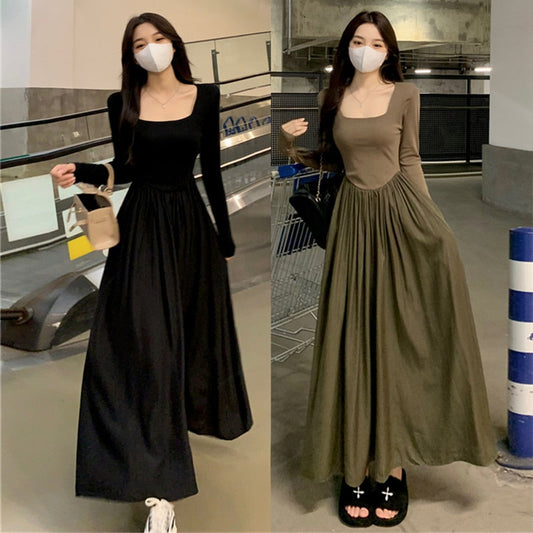 swvws Spring  New Hepburn Style Gentle Temperament Pocket Waist Slim Panel Large Hemline Long Sleeve Dress