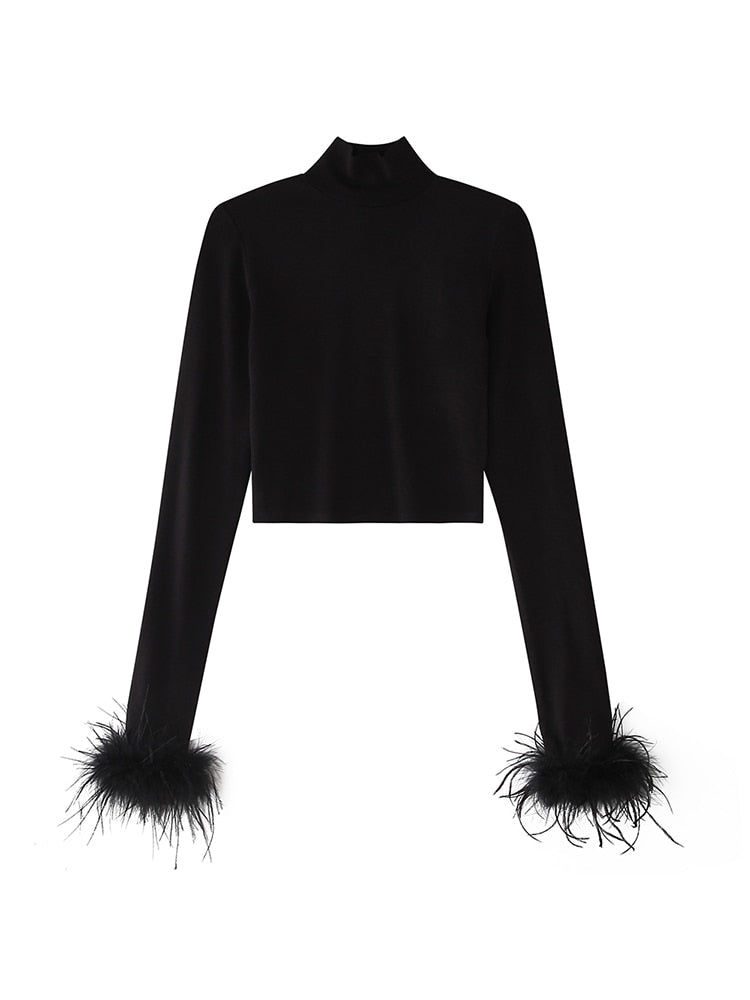 swvws Women's Basic Black T-Shirts Ladies Turtleneck Crop Tops  Fit Skinny Tops Long Sleeve Ostrich Feather Streetwear Outfits