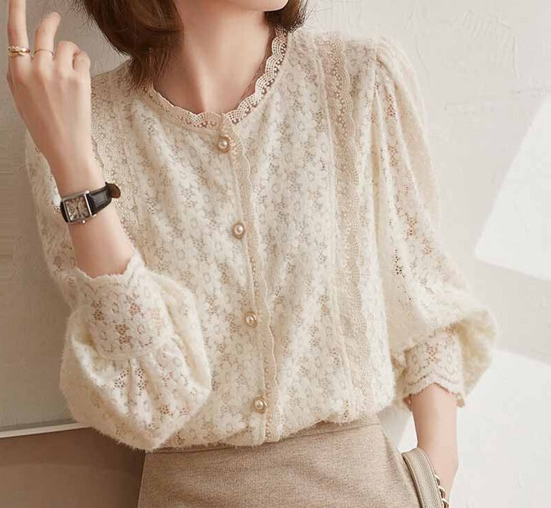 swvws Elegant Lace Crochet Women's Blouse Sweet Autumn Vintage Flowers Button Shirt O Neck Casual Loose Long Sleeve Blouses Tops 16619