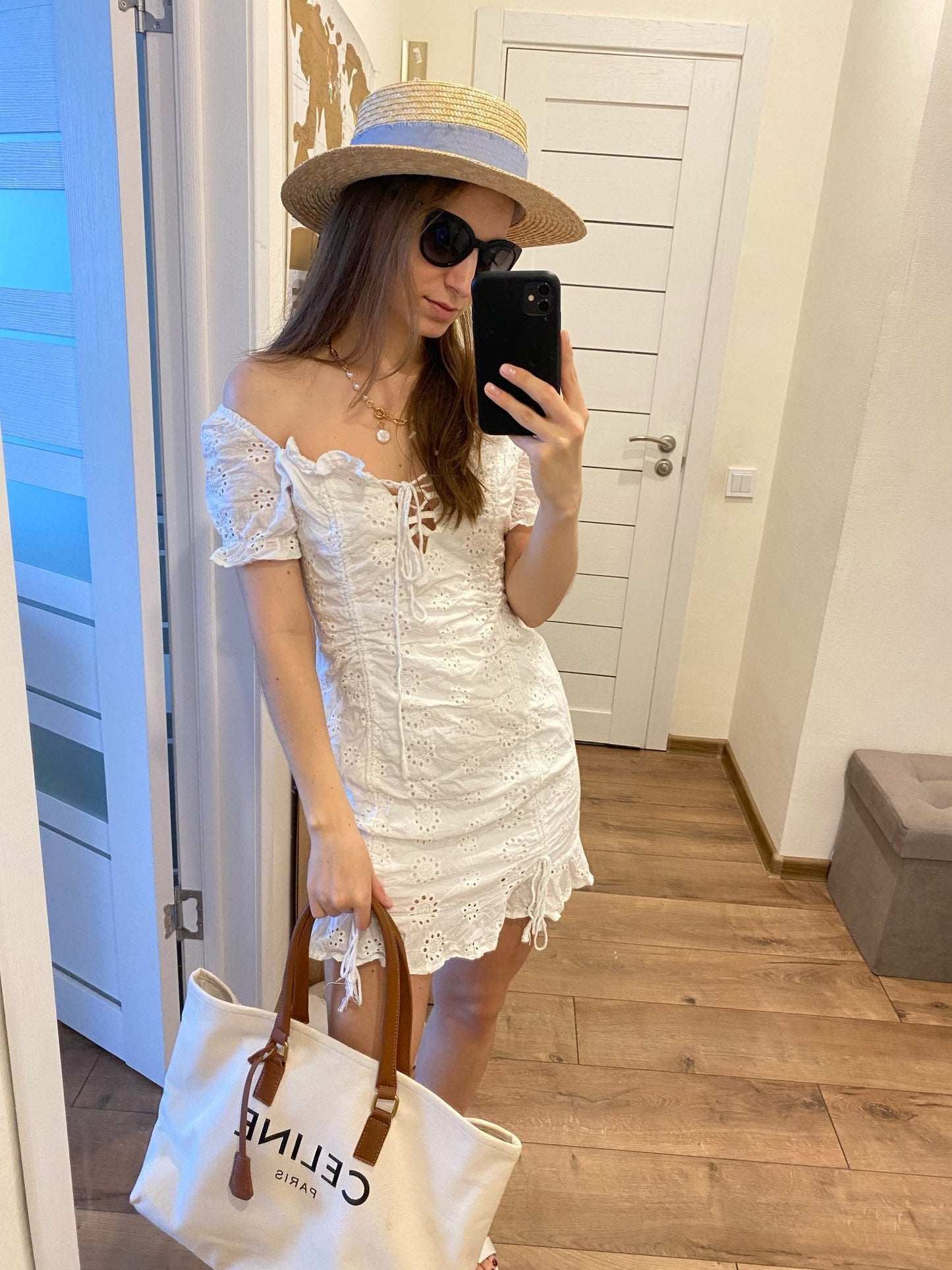 swvws Lace Up Embriodery White Summer Dress Women Hollow Out Beach Short Dress Puff Sleeve Ruffle Ruched Bodycon Mini Dress Vestidos