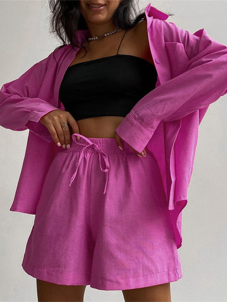 swvws Back To School Casual Matching Set Tracksuit Women Long Sleeve Oversized Shirt Tops And Mini Shorts Two Piece Set Summer Lounge Wear