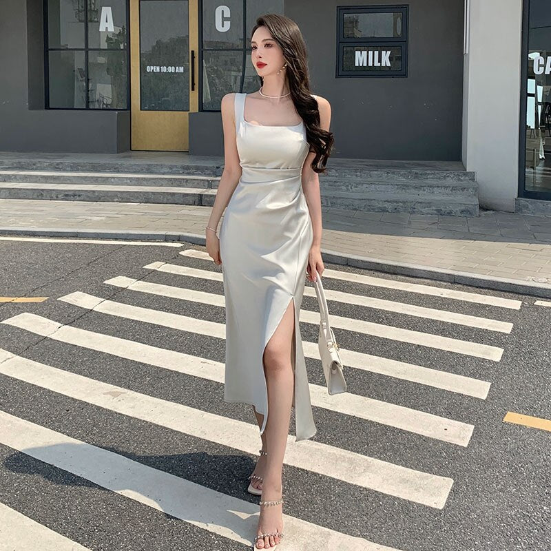 swvws Summer Fashion Women Elegant White Satin French Dress Sexy Square Collar Silk Long Bodycon Dress Wedding Cocktail Prom Dresses