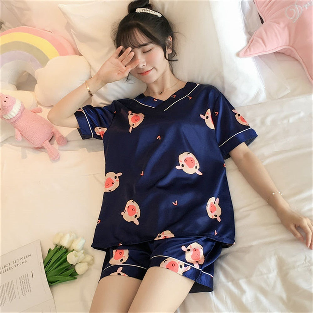 swvws Women's Summer Short-Sleeved Ice Silk Pajamas Loose And Comfortable Homewear Pajama Set Women Sleepwear